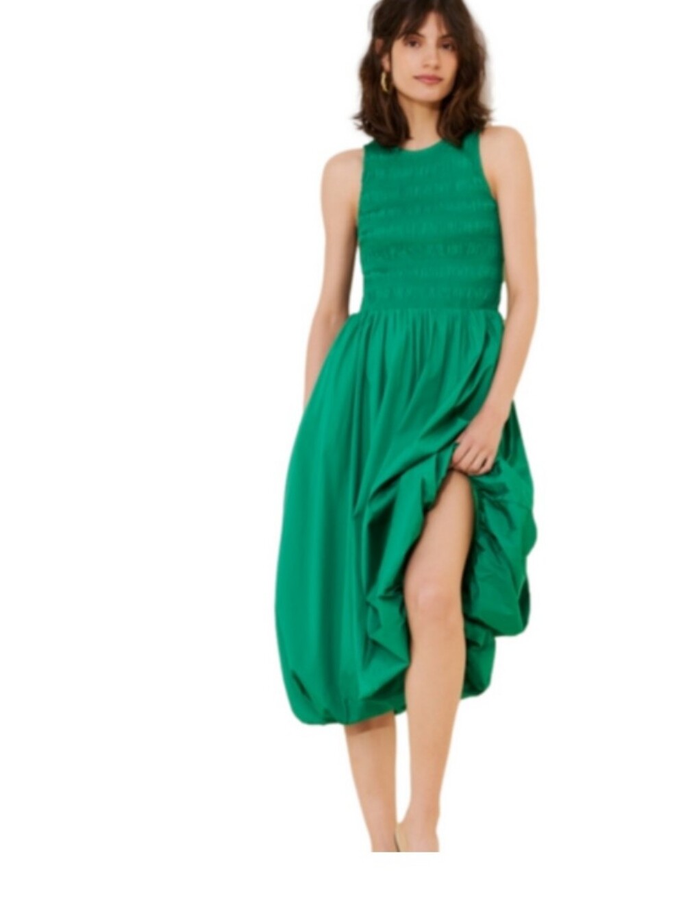 Madewell The Melody Bubble-Hem Smocked Midi Dress in Poplin Green NWT NT311 S